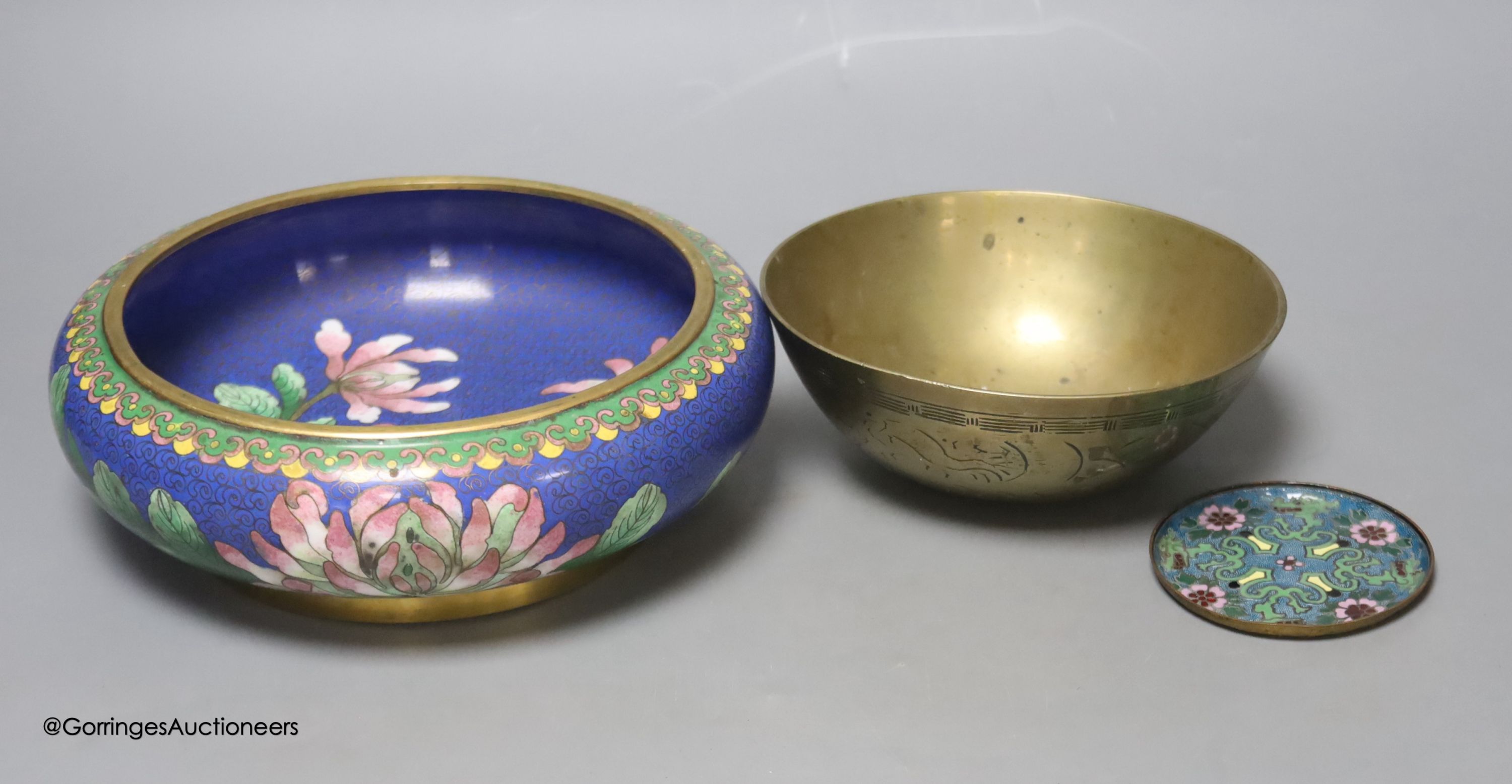 A large Chinese brass dish, diameter 42cm, a similar bowl, cloisonne enamel and Canton enamel wares and an agate snuff bottle